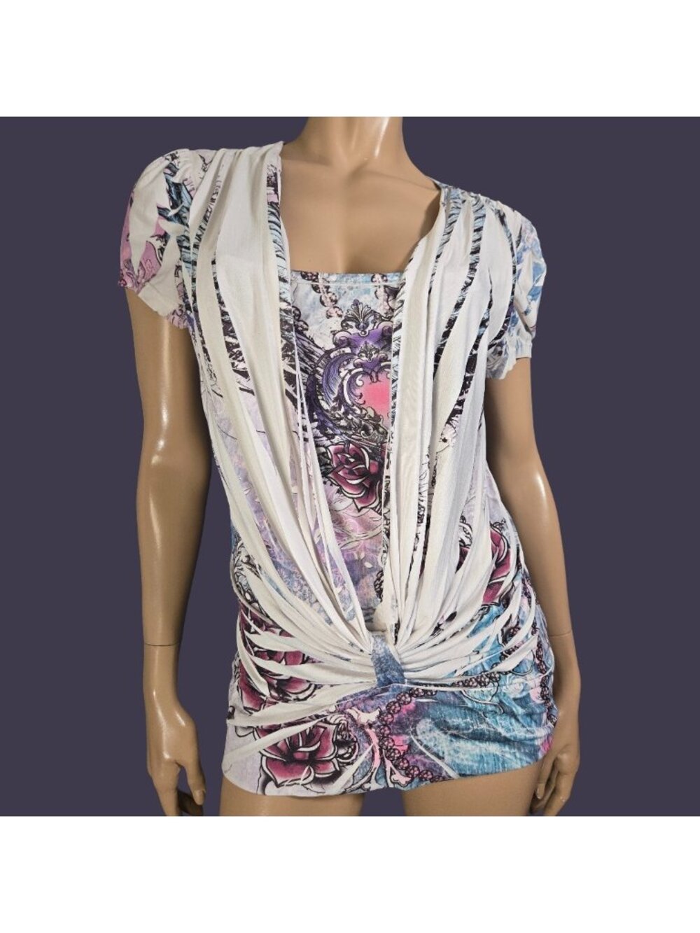 Y2K Tattoo Graphic Print White Draped Layered Top Grunge Fairy Clubbing Size L